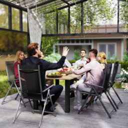 Outsunny Garden Table With Parasol Hole, Slatted Metal Tabletop, Brown - thumbnail 9
