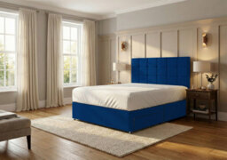 Slumbre Ashford Plush Velvet Divan Bed, Headboard - 4Ft Small Double - Blue - 2 Drawers Same Side