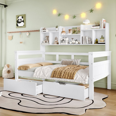 Matteo Kids Single Bed Frame With Storage Drawers And Bookcase Headboard - White - image 1