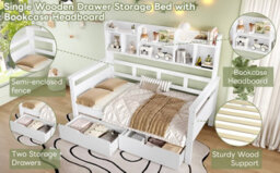 Matteo Kids Single Bed Frame With Storage Drawers And Bookcase Headboard - White - thumbnail 9