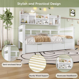Matteo Kids Single Bed Frame With Storage Drawers And Bookcase Headboard - White - thumbnail 6