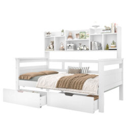Matteo Kids Single Bed Frame With Storage Drawers And Bookcase Headboard - White - thumbnail 8