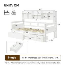 Matteo Kids Single Bed Frame With Storage Drawers And Bookcase Headboard - White - thumbnail 7