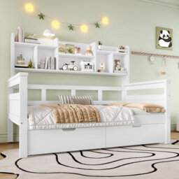 Matteo Kids Single Bed Frame With Storage Drawers And Bookcase Headboard - White - thumbnail 2