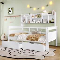 Matteo Kids Single Bed Frame With Storage Drawers And Bookcase Headboard - White - thumbnail 1