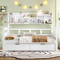 Matteo Kids Single Bed Frame With Storage Drawers And Bookcase Headboard - White - thumbnail 4
