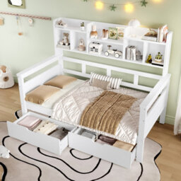 Matteo Kids Single Bed Frame With Storage Drawers And Bookcase Headboard - White - thumbnail 3