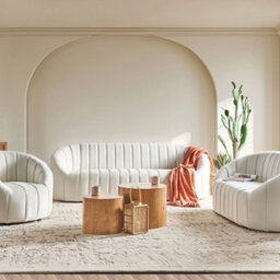 Wyld And Coco Luxevelvet 6-Seater Sofa Set - Off-White Velvet, Deep Channel Tufting, Low Back - thumbnail 2