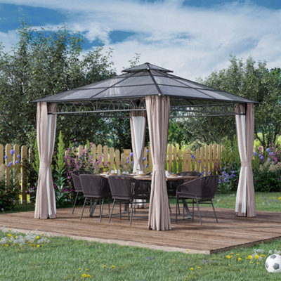 Outsunny 3 X 3 (M) Double Roof Hard Top Gazebo W/nettings & Curtains, Khaki - image 1