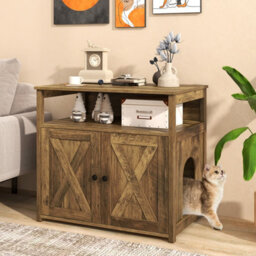 Costway Cat Litter Box Enclosure Wooden Cat House Side Table Storage Cabinet - thumbnail 1