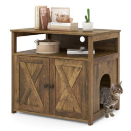 Costway Cat Litter Box Enclosure Wooden Cat House Side Table Storage Cabinet - thumbnail 2