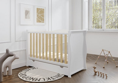 VICULII Willow Sleigh Mini Cot Bed White Natural With Drawer And Mattress - image 1