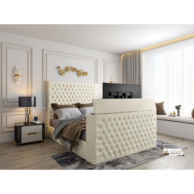 Capella Upholstered Soft Velvet Cream Tv Bed Frame - image 1