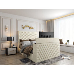 Capella Upholstered Soft Velvet  Cream Tv Bed Frame - thumbnail 1