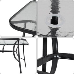Living And Home Black Rectangular Tempered Glass Tabletop Metal Outdoor Garden Coffee Table With Parasol Hole 120Cm - thumbnail 5