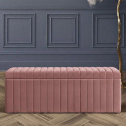 150Cm Wide Lux Ottoman Storage Box, Pink Velvet Upholstered Full Striped Storage Ottoman Box