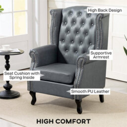 Grey Wingback Armchair Chesterfield-Style High Back Chair Tufted Accent Chair - thumbnail 3