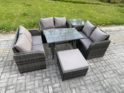 Fimous Rattan Garden Furniture Set 7 Seater Patio Outdoor Love Sofa Set With Rectangular Dining Table Big Footstool Side Table - image 1