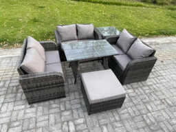 Fimous Rattan Garden Furniture Set 7 Seater Patio Outdoor Love Sofa Set With Rectangular Dining Table Big Footstool Side Table - thumbnail 1