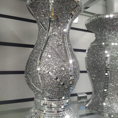 Biznest Silver Vase Statue Sparkle Ornament Bling Crushed Diamond Gift Crushed Mirrored Flower Pot With Floral Design 30 Cm