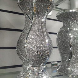 Biznest Silver Vase Statue Sparkle Ornament Bling Crushed Diamond Gift Crushed Mirrored Flower Pot With Floral Design 30 Cm