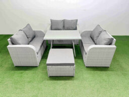 Fimous Rattan Garden Furniture Dining Set 7-Seater Patio Rectangular Table Love Sofa Set With Big Stool - thumbnail 2
