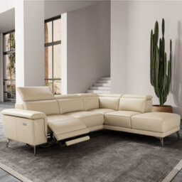 Valencia Pista Modern Top Grain Leather Reclining Sectional Right Hand Facing Chaise Sofa Beige Stainless Steel Legs - thumbnail 2