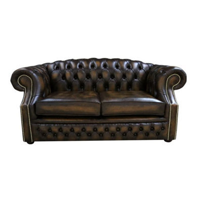 Chesterfield 2 Seater Antique Gold Leather Sofa Bespoke In Buckingham Style - image 1