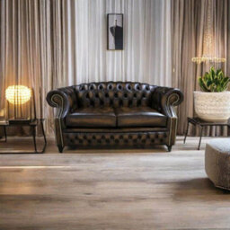 Chesterfield 2 Seater Antique Gold Leather Sofa Bespoke In Buckingham Style - thumbnail 2