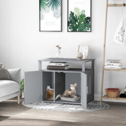 Pawhut Wood Cat Litter Box Enclosure Furniture W/ Adjustable Interior Wall Grey