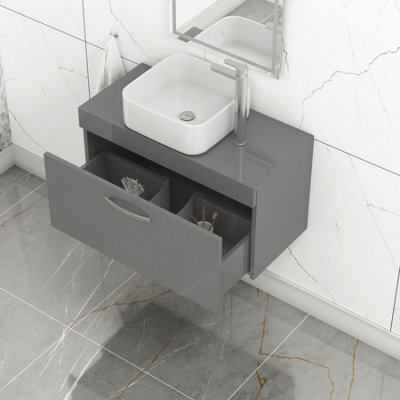 Royal Bathrooms Turin 800mm Indigo Grey Gloss 1-Drawer Wall Hung Unit & 365mm Soft Square Countertop Basin - image 1