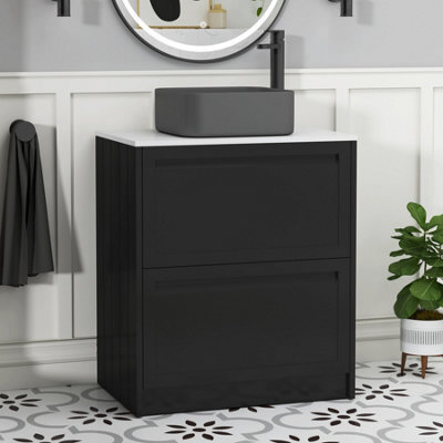 Royal Bathrooms Royal Bathroom Elmore 700mm Nocturne Black Freestanding Bathroom Vanity Unit 2 Drawer Plain White Worktop With Art Square Basin - image 1