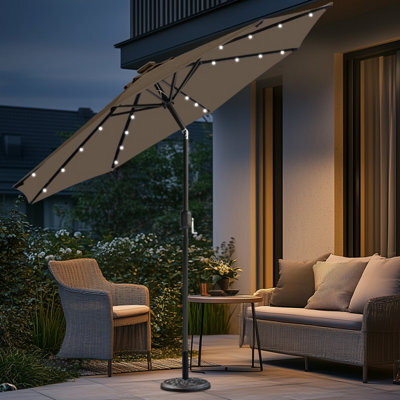 Sundaze Taupe 2.7M Round Garden Parasol Umbrella Outdoor Patio Solar Led Lights Crank Tilt With Base