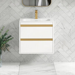 Royal Bathrooms Orion 600mm Matt White 2 Drawer Wall Hung Vanity Unit With Stone Basin & Brushed Brass Strip