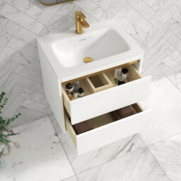 Royal Bathrooms Orion 600mm Matt White 2 Drawer Wall Hung Vanity Unit With Stone Basin & Brushed Brass Strip - thumbnail 4