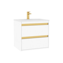Royal Bathrooms Orion 600mm Matt White 2 Drawer Wall Hung Vanity Unit With Stone Basin & Brushed Brass Strip - thumbnail 7