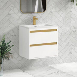 Royal Bathrooms Orion 600mm Matt White 2 Drawer Wall Hung Vanity Unit With Stone Basin & Brushed Brass Strip - thumbnail 5