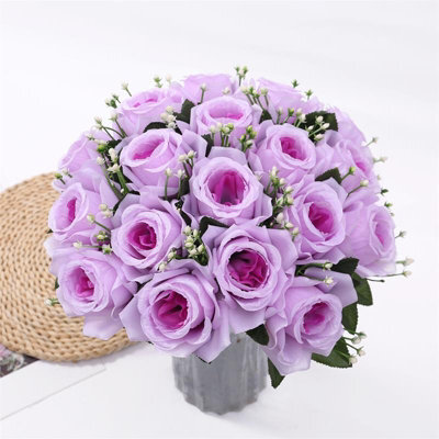 Light Purple 18-Head Silk Rose Artificial Flower Bouquet For Wedding & Home Decor - Realistic & Maintenance-Free