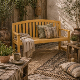 Wyld Haus Tola 143Cm Orange Wooden 2-Seater Garden Bench With Armrests And Slatted Frame