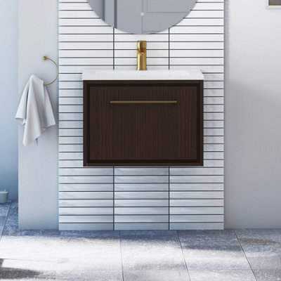 Royal Bathrooms Livora 600mm Walnut Woodgrain Wall Hung Bathroom Vanity Unit 1 Drawer With Stone Basin & Brushed Brass Handle