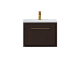 Royal Bathrooms Livora 600mm Walnut Woodgrain Wall Hung Bathroom Vanity Unit 1 Drawer With Stone Basin & Brushed Brass Handle - thumbnail 5