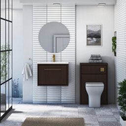 Royal Bathrooms Livora 600mm Walnut Woodgrain Wall Hung Bathroom Vanity Unit 1 Drawer With Stone Basin & Brushed Brass Handle - thumbnail 3