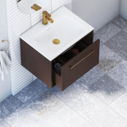 Royal Bathrooms Livora 600mm Walnut Woodgrain Wall Hung Bathroom Vanity Unit 1 Drawer With Stone Basin & Brushed Brass Handle - thumbnail 4