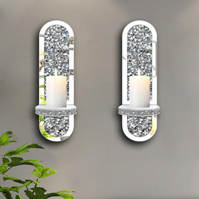 Deenz Crystal Set Of 2 Wall Chandelier Silver Mirrored Candle Holders With Crushed Diamond Design 38X11X10 Cm. (Oval) - image 1