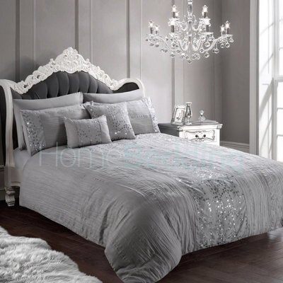 Intimates Elegant Pleated Design Duvet Cover & Pillowcase Set, Sequin Bedding, Bedroom Decor, Wrinkle-Resistant & Machine Washable - Silver