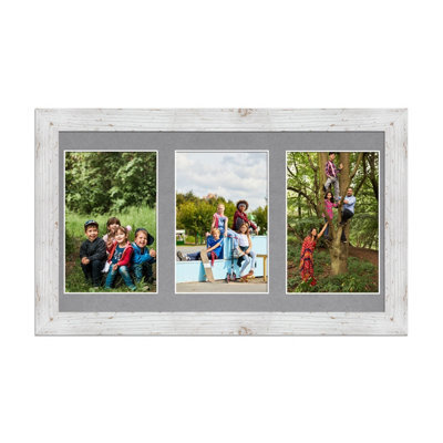 AK Frames 40X20Cm White Rustic Modern Multi Photo Frame With Mid Grey Mount - Holds 3 Apertures (3X) 6X4 Photos - image 1