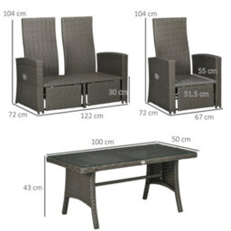 Outsunny 4 Piece Rattan Garden Furniture Set With Sofa, Glass Table, Grey - thumbnail 3