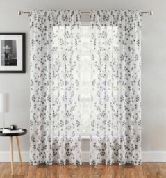 "Tyrone Textiles Delila Black Leaf Print Voile Panel - Pair 140 X 137Cm (55X54"")" - thumbnail 1