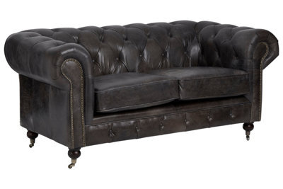 Orsina 2 Seat Grey Leather Sofa-Chesterfield Design Couch With Stud Detail-Velvet Sofa With Rolled Armrests - image 1