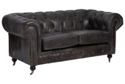Orsina 2 Seat Grey Leather Sofa-Chesterfield Design Couch With Stud Detail-Velvet Sofa With Rolled Armrests